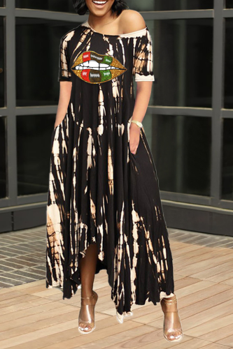 Bruine casual print patchwork one-shoulder onregelmatige jurkjurken