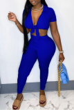 Blue Sexy Solid Patchwork V Neck Short Sleeve Two Pieces