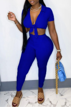 Blue Sexy Solid Split Joint V Neck Short Sleeve Two Pieces