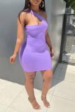 Purple Sexy Solid Patchwork One Shoulder Pencil Skirt Dresses