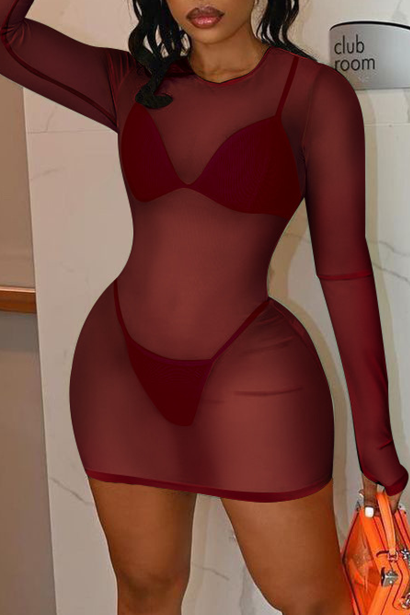 

Burgundy Sexy Solid Split Joint Swimwears