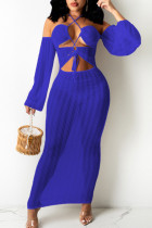Blue Sexy Solid Hollowed Out Split Joint Frenulum See-through Halter Irregular Dress Dresses
