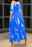 Sky Blue Casual Print Patchwork One Shoulder Irregular Dress Dresses