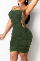 Army Green Sexy Casual Solid Split Joint Halter Pencil Skirt Dresses