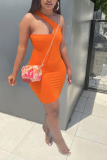 Tangerine Red Sexy Solid Patchwork One Shoulder Pencil Skirt Dresses