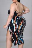 Zwarte sexy patchwork tie-dye spaghettibandjes kokerrok plus size jurken