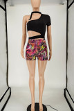 Red Black Sexy Print Hollowed Out Patchwork Asymmetrical Asymmetrical Collar Short Sleeve Two Pieces