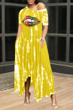 Желтые повседневные платья с принтом в стиле пэчворк на одно плечо Нестандартные платья Платья