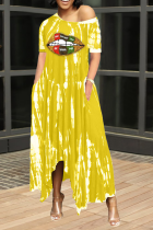 Gele casual print patchwork one-shoulder onregelmatige jurkjurken