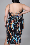 Black Sexy Patchwork Tie-dye Spaghetti Strap Pencil Skirt Plus Size Dresses