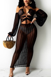 Black Sexy Solid Hollowed Out Patchwork Frenulum See-through Halter Irregular Dress Dresses