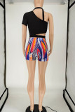 Blue Sexy Print Hollowed Out Patchwork Asymmetrical Asymmetrical Collar Short Sleeve Two Pieces