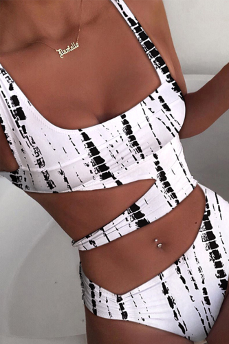 Cream White Sexy Print Hollowed Out Patchwork Swimwears