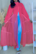 ローズレッドファッションカジュアルソリッドパッチワークハーフタートルネック長袖ドレス