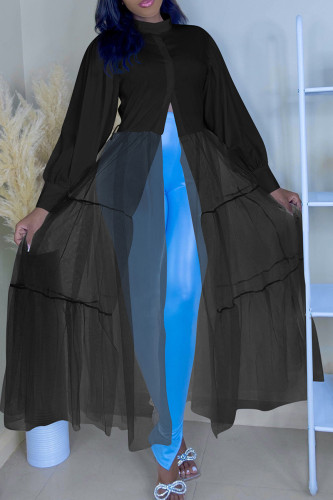 Zwarte mode-casual, effen patchwork-halve coltrui met lange mouwen