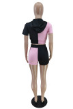 ピンク ファッション カジュアル パッチワーク ベーシック フード付き 襟 半袖 ツーピース