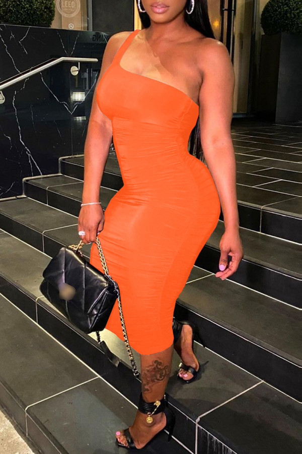 Oranje mode sexy effen rugloze mouwloze jurk met één schouder