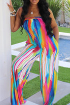 Multicolor Rainbow Fashion Sexy Print Backless Strapless Regular Wide Leg Tube Jumpsuits