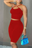 Red Sexy Casual Solid Backless Halter Sleeveless Two Pieces