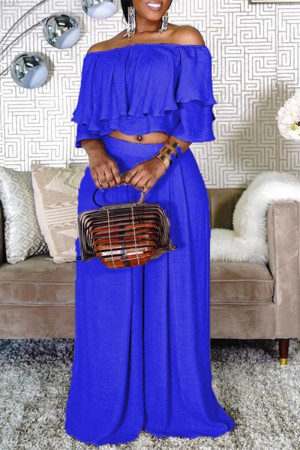 Blue Fashion Casual Solid Split Joint Off the Shoulder Half Sleeve Two Pieces