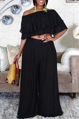 Black Fashion Casual Solid Patchwork Off the Shoulder Half Sleeve Two Pieces