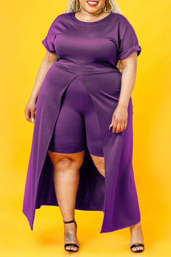 Фиолетовый модный повседневный сплошной разрез с круглым вырезом плюс размер из двух частей