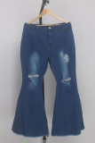 Babyblå Mode Casual Solid Rippad utan bälte Plus Size Jeans