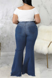 Jeans azul escuro moda casual liso rasgado sem cinto plus size
