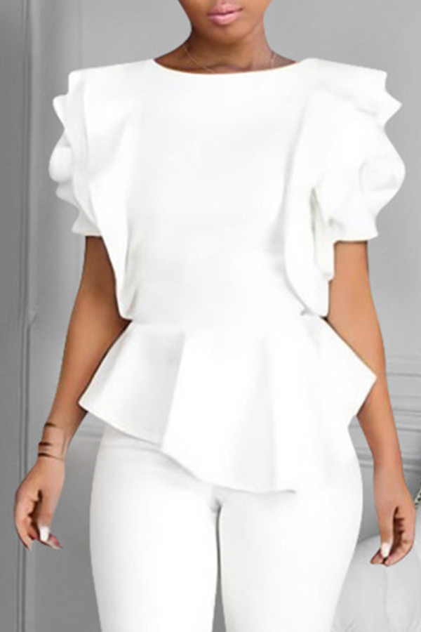 Witte mode casual effen patchwork O-hals tops