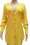 Желтое повседневное однотонное платье-рубашка в стиле пэчворк с отложным воротником Платья Платья