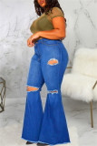 Jeans de talla grande rasgados sólidos informales de moda azul bebé sin cinturón