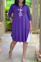 Фиолетовые модные повседневные платья с принтом и круглым вырезом с длинным рукавом