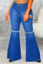 ブルーファッションカジュアルソリッドリッピングベルトなしプラスサイズジーンズ