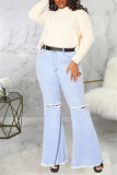 ベビーブルーファッションカジュアルソリッドリッピングベルトなしプラスサイズジーンズ