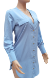 Blaues, lässiges, solides Patchwork-Hemdkleid mit Umlegekragen
