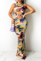 Farbe Sexy Print Ausgehöhlte Trompeten-Meerjungfrau-Kleider mit O-Ausschnitt