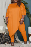 Oranje Mode Toevallig Effen Asymmetrische Schuine Kraag Plus Size Two Pieces
