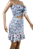 Blue Fashion Sexy Print Bandage Backless Strapless Sleeveless Two Pieces