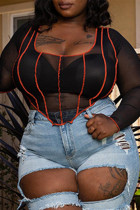 Black Sexy Casual Solid See-through U Neck Plus Size Tops