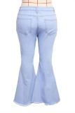 Jeans azul bebê moda casual liso rasgado sem cinto plus size