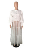 ホワイトファッションカジュアルソリッドパッチワークハーフタートルネック長袖ドレス