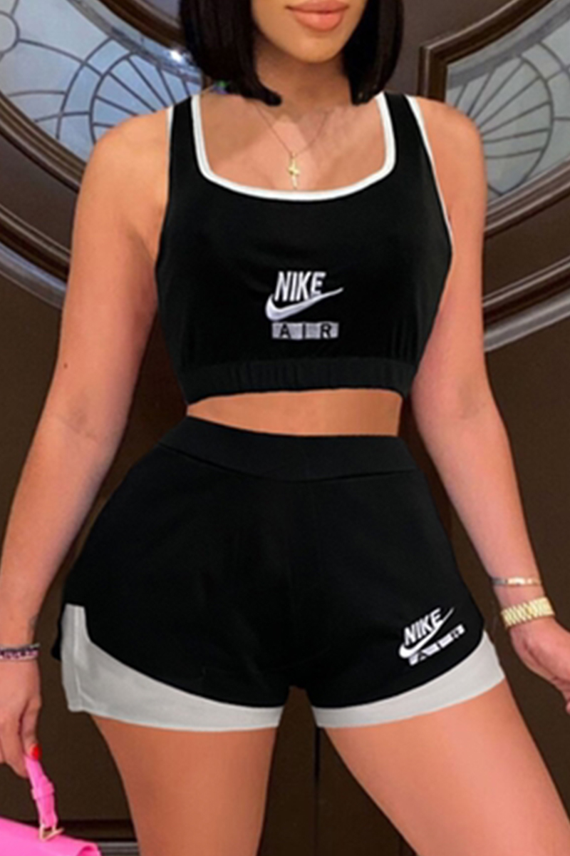 

Black White Casual Sportswear Print Split Joint U Neck Sleeveless Two Pieces