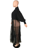 Zwarte mode-casual, effen patchwork-halve coltrui met lange mouwen