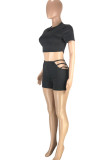 Black Fashion Casual Solid Hollowed Out O Neck Short Sleeve Two Pieces