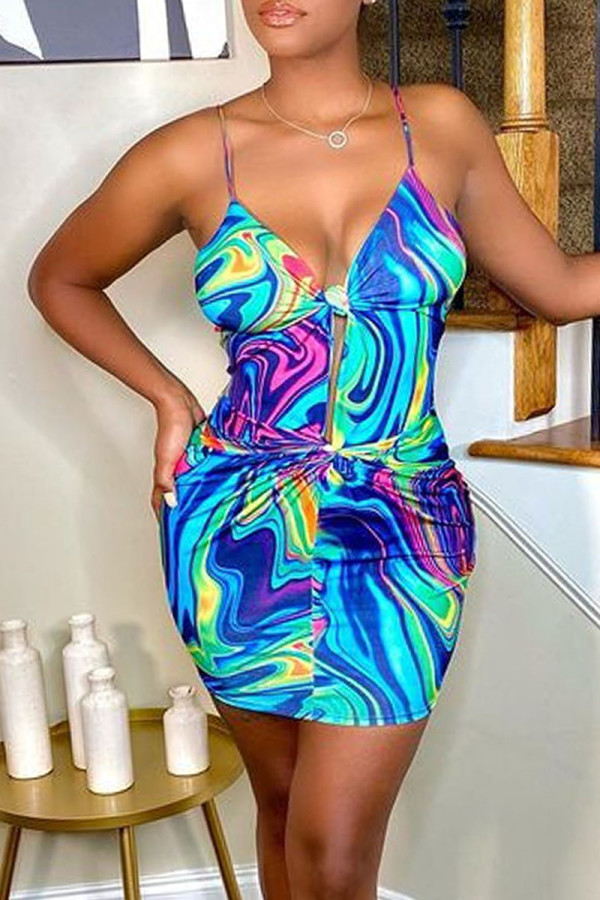 Blauwe sexy print uitgeholde patchwork geknoopte spaghettibandjes A-lijn jurken