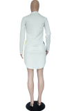 イエロー ホワイト カジュアル カラーブロック パッチワーク ターンダウンカラー シャツ ドレス ドレス