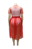 Falda de pastel de cuello redondo de malla sólida informal roja de talla grande de dos piezas