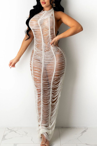 White Sexy Solid Hollowed Out Split Joint See-through Swimwears Cover Up