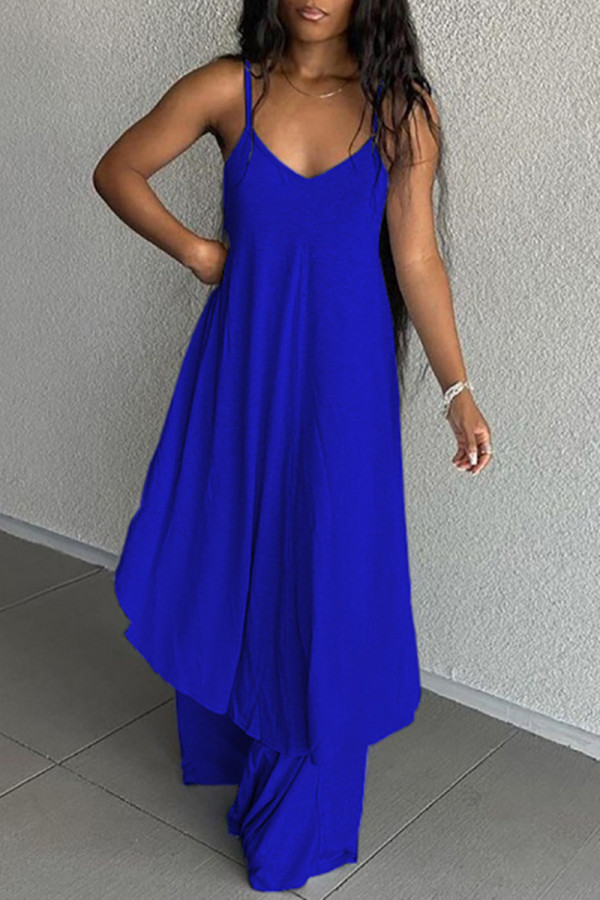 Blauwe sexy casual effen asymmetrische lange jurk met spaghettibandjes