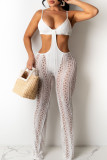 White Sexy Solid Hollowed Out Patchwork Spaghetti Strap Boot Cut Jumpsuits